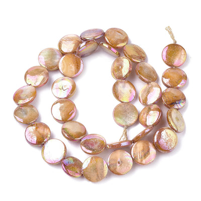Freshwater Shell Beads, Flat Round Shape, Goldenrod Color Plated. Freshwater Shell Beads for Jewelry Making. Affordable High Quality Beads for Jewelry Making.  Size: 10mm Long,  3.5mm Thick, Hole: 1mm; approx. 32 pcs/strand, 14" inches long.  Material: The Beads are Natural Freshwater Shell Beads, Flat Round Shaped, Color Plated, Dyed Goldenrod. Shinny Finish.