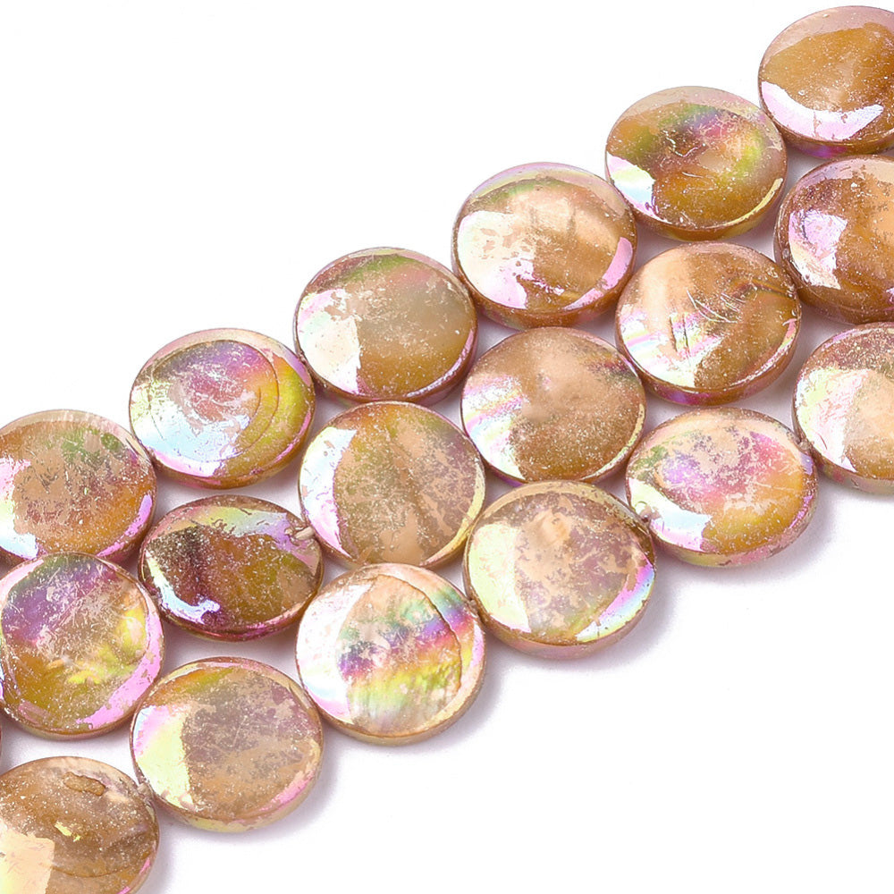 Freshwater Shell Beads, Flat Round Shape, Goldenrod Color Plated. Freshwater Shell Beads for Jewelry Making. Affordable High Quality Beads for Jewelry Making.  Size: 10mm Long,  3.5mm Thick, Hole: 1mm; approx. 32 pcs/strand, 14" inches long.  Material: The Beads are Natural Freshwater Shell Beads, Flat Round Shaped, Color Plated, Dyed Goldenrod. Shinny Finish.
