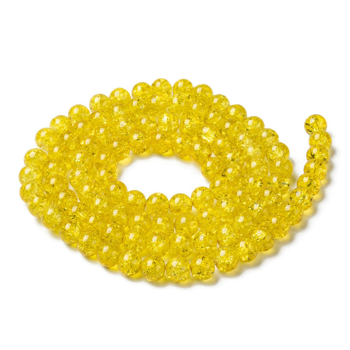 Popular Crackle Glass Beads, Round, Yellow Color. Glass Bead Strands for DIY Jewelry Making. Affordable, Colorful Crackle Beads. Great for Stretch Bracelets.  Size: 8mm Diameter Hole: 1.5mm; approx. 100pcs/strand, 31" Inches Long.  Material: The Beads are Made from Glass. Crackle Glass Beads, Bright Yellow Colored Beads. Polished, Shinny Finish.