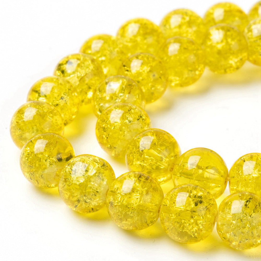 Popular Crackle Glass Beads, Round, Yellow Color. Glass Bead Strands for DIY Jewelry Making. Affordable, Colorful Crackle Beads. Great for Stretch Bracelets.  Size: 8mm Diameter Hole: 1.5mm; approx. 100pcs/strand, 31" Inches Long.  Material: The Beads are Made from Glass. Crackle Glass Beads, Bright Yellow Colored Beads. Polished, Shinny Finish.