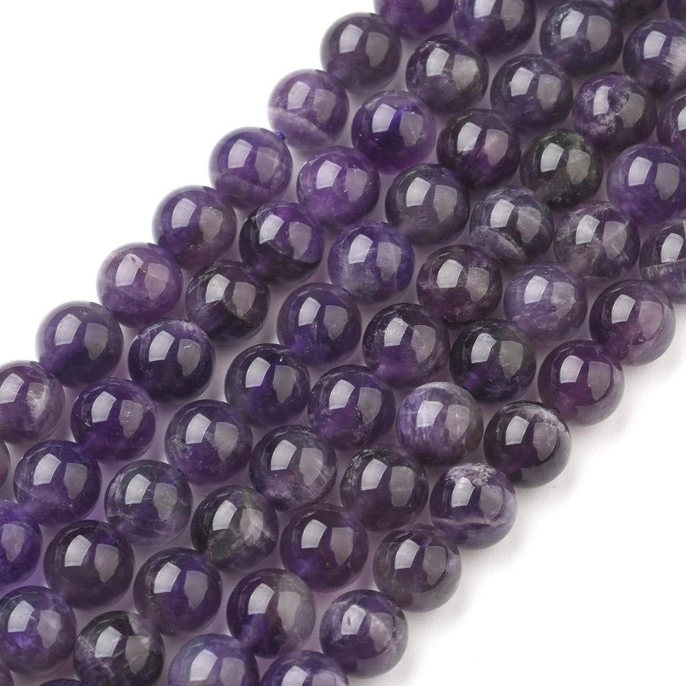 Grade AB Natural Amethyst Beads, Round, Purple Color. Semi-Precious Gemstone Beads for DIY Jewelry Making.   Size: 8mm Diameter, Hole: 1mm; approx. 46-48pcs/strand, 15 Inches Long.  Material: Grade AB Natural Amethyst Beads Purple Color. Polished, Shinny Finish. 