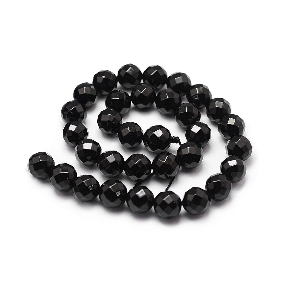 Faceted, Round Black Onyx Beads. Semi-Precious Gemstone Beads for DIY Jewelry Making.   Size: 8mm Diameter, Hole: 1mm; approx. 42-44pcs/strand, 14.5" Inches Long.  Material: Grade "A" Faceted Black Onyx, Black Color. Polished, Shinny Finish.