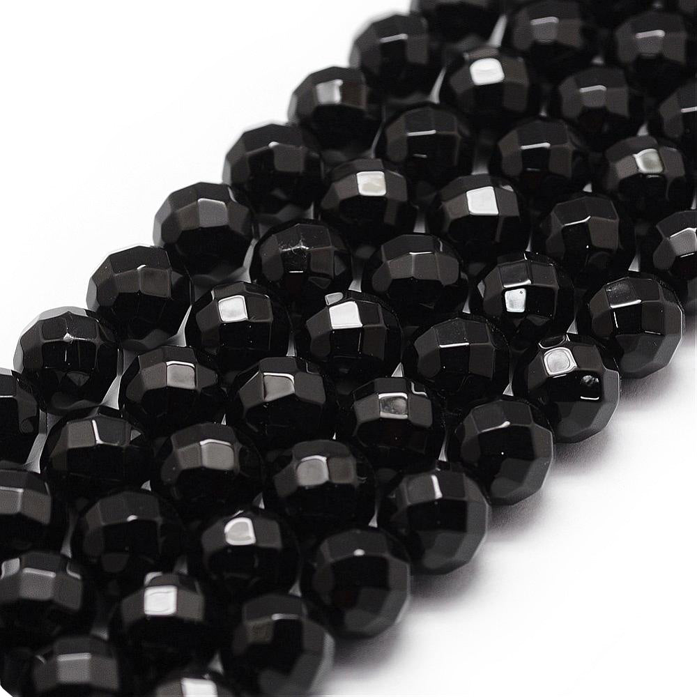 Faceted, Round Black Onyx Beads. Semi-Precious Gemstone Beads for DIY Jewelry Making.   Size: 6mm Diameter, Hole: 1mm; approx. 60pcs/strand, 14.5" Inches Long.  Material: Grade "A" Faceted Black Onyx, Black Color. Polished, Shinny Finish.