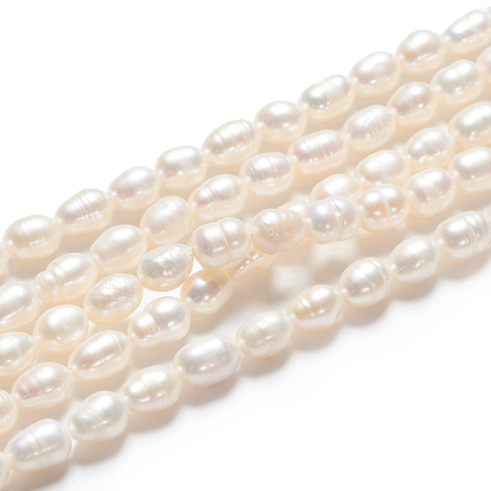 Grade A Cultured Freshwater Pearl Beads, Rice Shape, White Color. Natural Pearls for DIY Jewelry.  Material: Grade "A" Cultured Fresh water Pearls, Rice, White Color.  Size: 5.5-7mm Length, 4-5mm Diameter, Hole: 0.8mm, approx. 26 pcs/strand, 7 inch/strand.