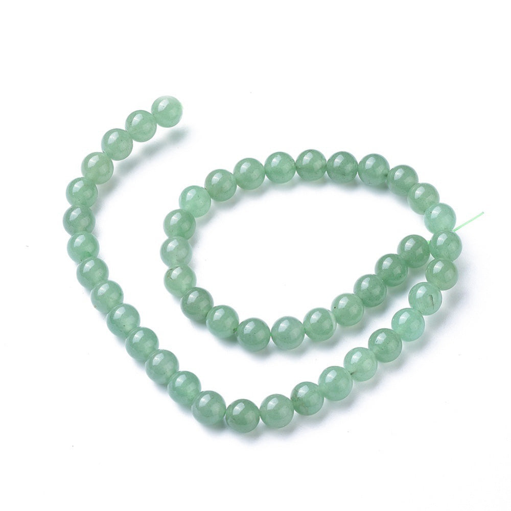 Natural Green Aventurine Beads, Green Color. Semi-precious Gemstone Beads for DIY Jewelry Making. Affordable Semi-Precious Stone Beads. Great for Stretch Bracelets.  Size: 8mm Diameter, Hole: 1mm, approx. 46 pcs/strand 15" Inches Long.   Material: Genuine Natural Green Aventurine Stone Loose Beads, Green Color.  Polished Finish. 