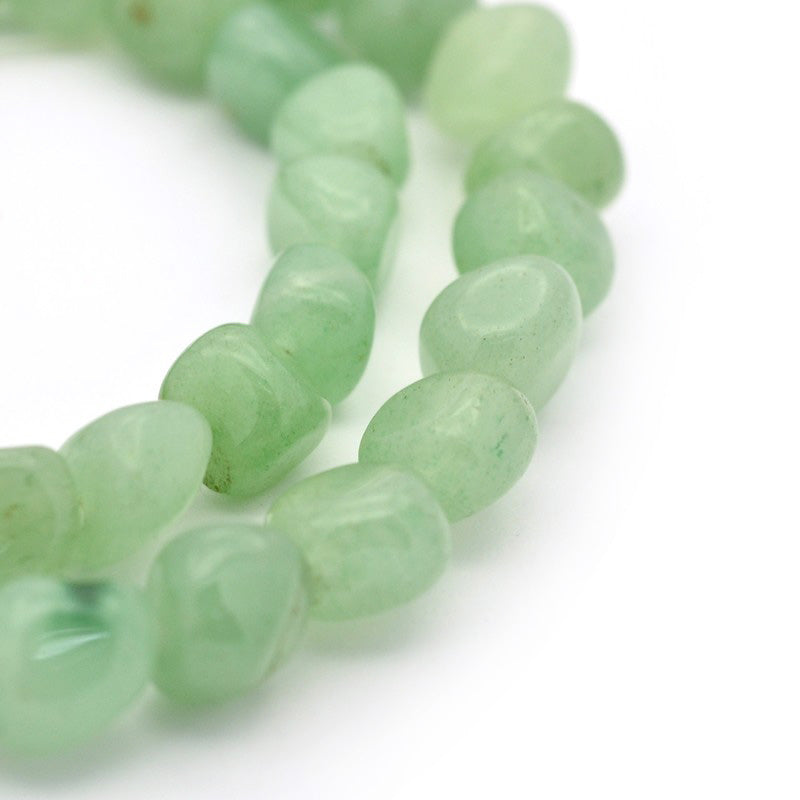 Green Aventurine Tumbled Stone Nugget Beads, Green color Semi-Precious Stone Nuggets.  Size: approx. 5-7mm wide, 5-7mm long, hole: 1mm; approx. 32 inches long.  Material: Natural Green Aventurine Nugget Beads. Green Colored Chip Beads. Polished, Shinny Finish.