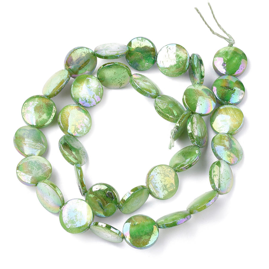 Freshwater Shell Beads, Flat Round Shape, Lime Green Color Plated. Freshwater Shell Beads for Jewelry Making. Affordable High Quality Beads for Jewelry Making  Size: 10mm Long,  3.5mm Thick, Hole: 1mm; approx. 32 pcs/strand, 14" inches long.  Material: The Beads are Natural Freshwater Shell Beads, Flat Round Shaped, Color Plated, Dyed Lime Green. Shinny Finish.
