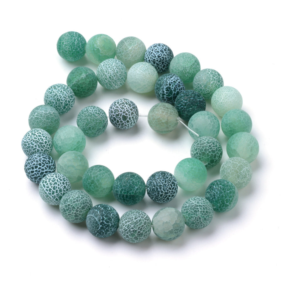 Natural Crackle Agate Beads, Dyed, Round, Green Color. Matte Semi-Precious Gemstone Beads for Jewelry Making. Great for Stretch Bracelets and Necklaces.  Size: 10mm Diameter, Hole: 1.2mm; approx. 37pcs/strand, 14" Inches Long.