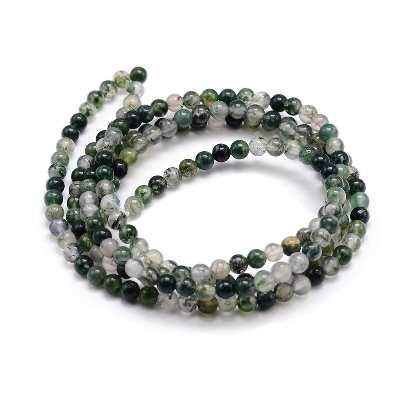 Moss Agate Beads, Round, Dark Green Color. Semi-Precious Gemstone Beads for Jewelry Making. Great for Stretch Bracelets and Necklaces.  Size: 6mm Diameter, Hole: 1mm; approx. 64pcs/strand, 15" Inches Long.  Material: Genuine Natural Moss Agate, Dark Emerald Green Color. Polished, Shinny Finish.