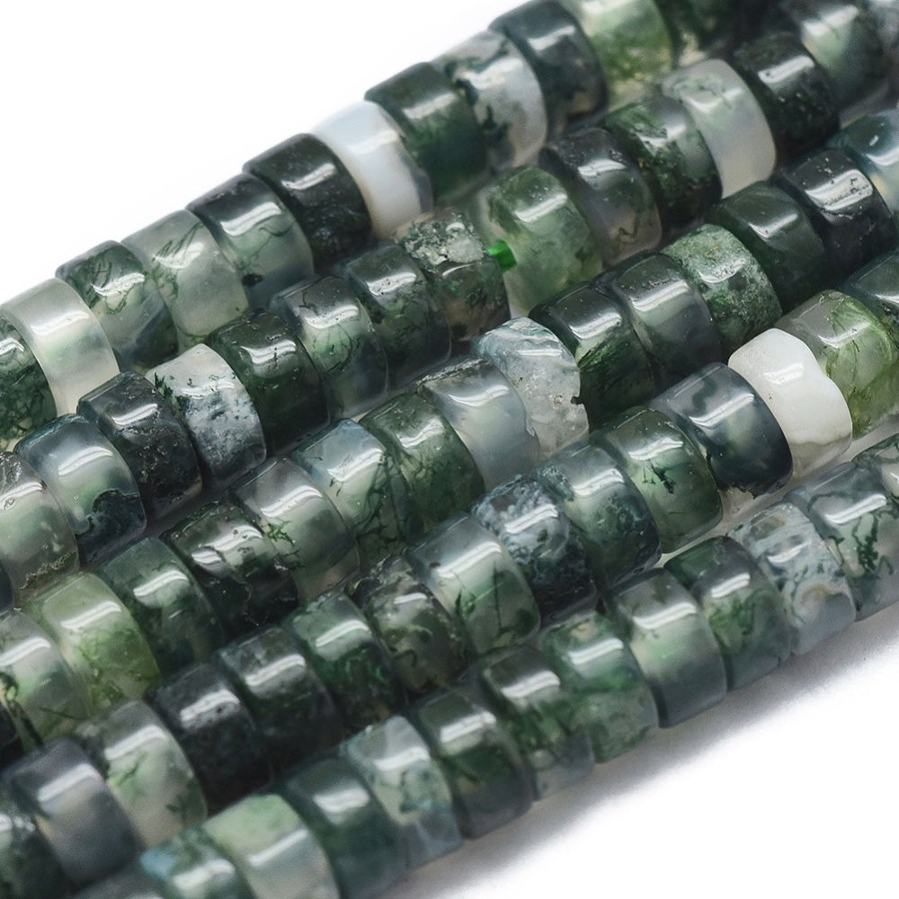Natural Moss Agate Stone Beads, Flat Round Disc Shape, Green Color. Semi-Precious Heishe Disc Stone Beads for Jewelry Making.   Size: 4mm Diameter, 2mm Width, Hole: 0.7mm, approx. 150pcs/strand, 15" Inches Long.  Material:  Natural Genuine Moss Agate Heishi Beads, Green Mixed Color Disc Beads. Polished, Shinny Finish. 