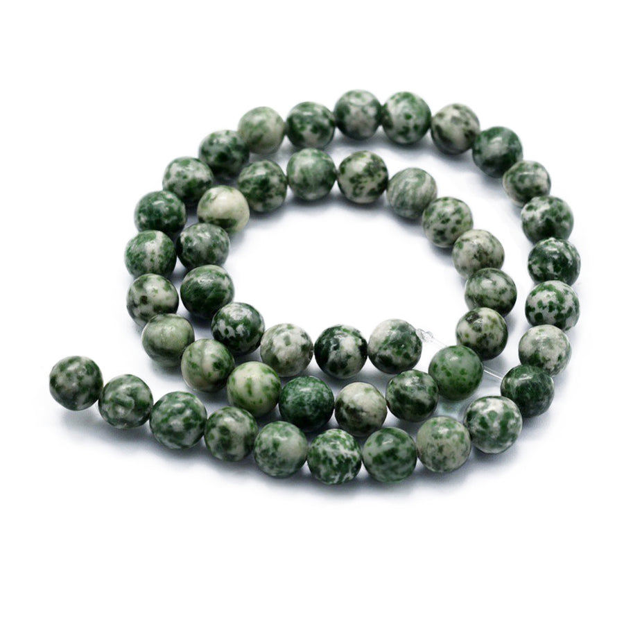 Natural Green Spot Jasper Beads, Round, Green & White Color. Semi-Precious Stone Jasper Beads for Jewelry Making. Great Beads for Stretch Bracelets.  Size: 8mm Diameter, Hole: 0.8mm; approx. 46pcs/strand, 14.5" Inches Long.  Material: The Beads are Natural Green Spot Jasper Stone. Loose Gemstone Beads, Medium Green Colored with White Markings. Polished, Shinny Finish.