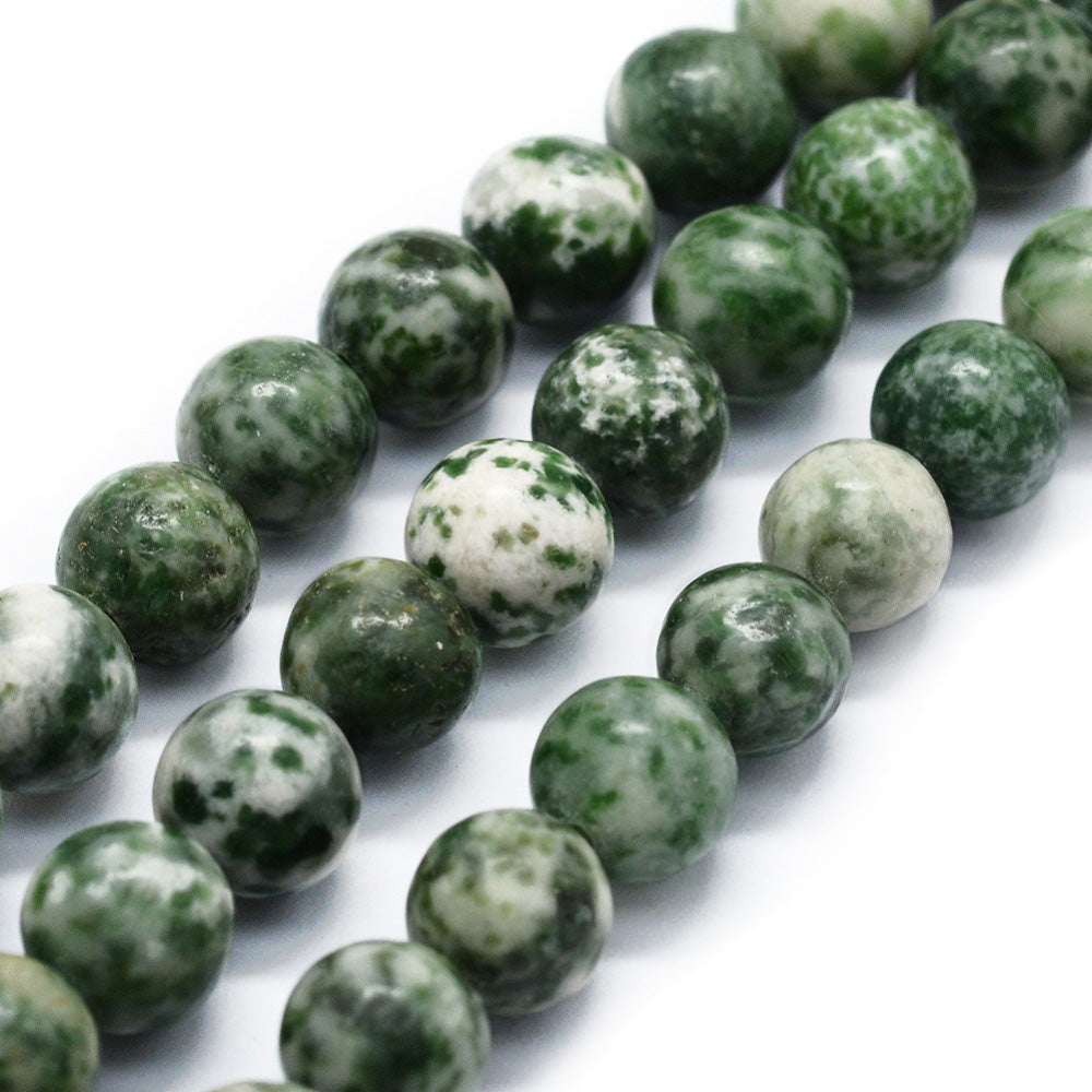 Natural Green Spot Jasper Beads, Round, Green & White Color. Semi-Precious Stone Jasper Beads for Jewelry Making. Great Beads for Stretch Bracelets.  Size: 8mm Diameter, Hole: 0.8mm; approx. 46pcs/strand, 14.5" Inches Long.  Material: The Beads are Natural Green Spot Jasper Stone. Loose Gemstone Beads, Medium Green Colored with White Markings. Polished, Shinny Finish.