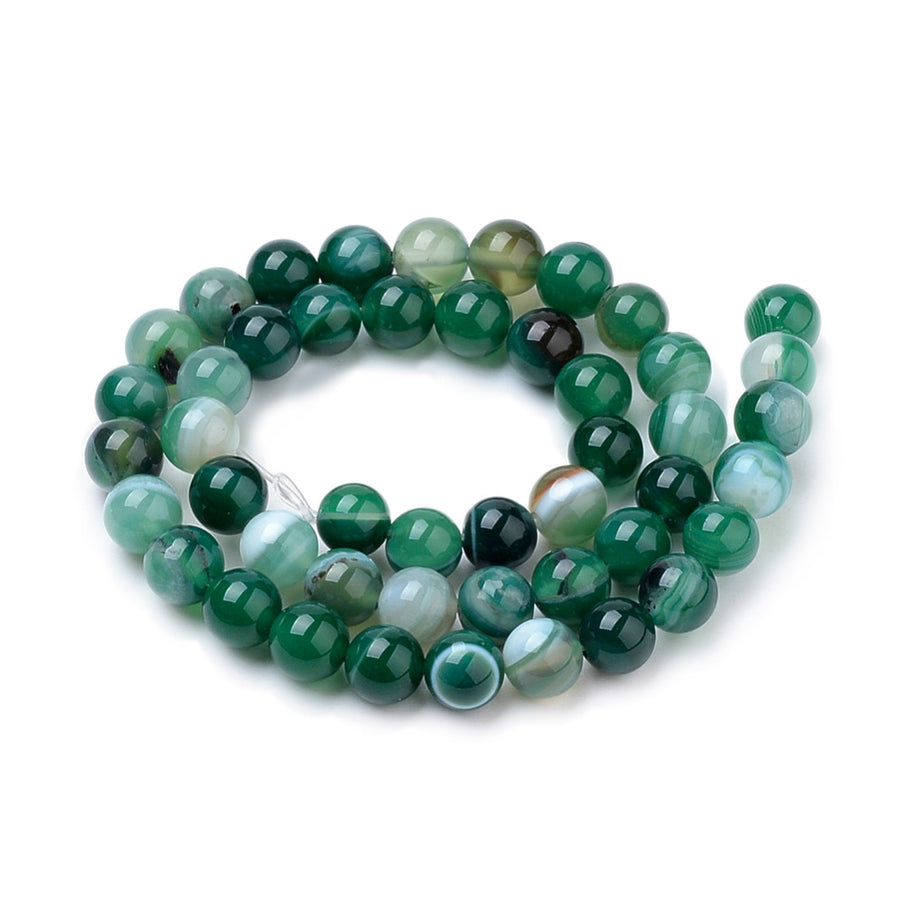 Green Striped Agate Beads, Round, Dyed, Green Banded Agate. Semi-Precious Gemstone Beads for Jewelry Making. Great for Stretch Bracelets and Necklaces.  Size: 8mm Diameter, Hole: 1mm; approx. 47pcs/strand, 14.5" Inches Long.  Material: Striped Banded Agate Loose Beads Dyed Green Color. Polished, Shinny Finish.