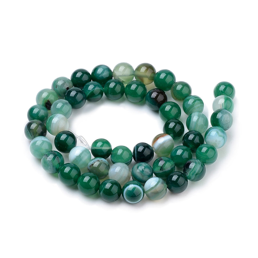 Green Striped Agate Beads, Round, Dyed, Green Banded Agate. Semi-Precious Gemstone Beads for Jewelry Making. Great for Stretch Bracelets and Necklaces.  Size: 8mm Diameter, Hole: 1mm; approx. 47pcs/strand, 14.5" Inches Long.  Material: Striped Banded Agate Loose Beads Dyed Green Color. Polished, Shinny Finish.