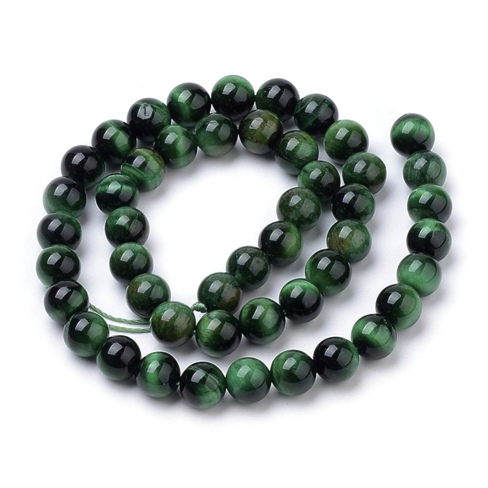 Natural Tiger Eye Beads, Green Colored Semi Precious Stone Beads for DIY Jewelry Making. Gorgeous Green Tiger Eye Gemstone Beads.  Size: 8mm Diameter, Hole: 1mm; approx. 44 pcs/strand 14.9" inches long.  Material: Premium Grade Genuine Natural Green Tiger Eye Polished Loose Stone Beads, High Quality Gemstone Beads. Dyed & Heated, Polished, Shinny Finish. 