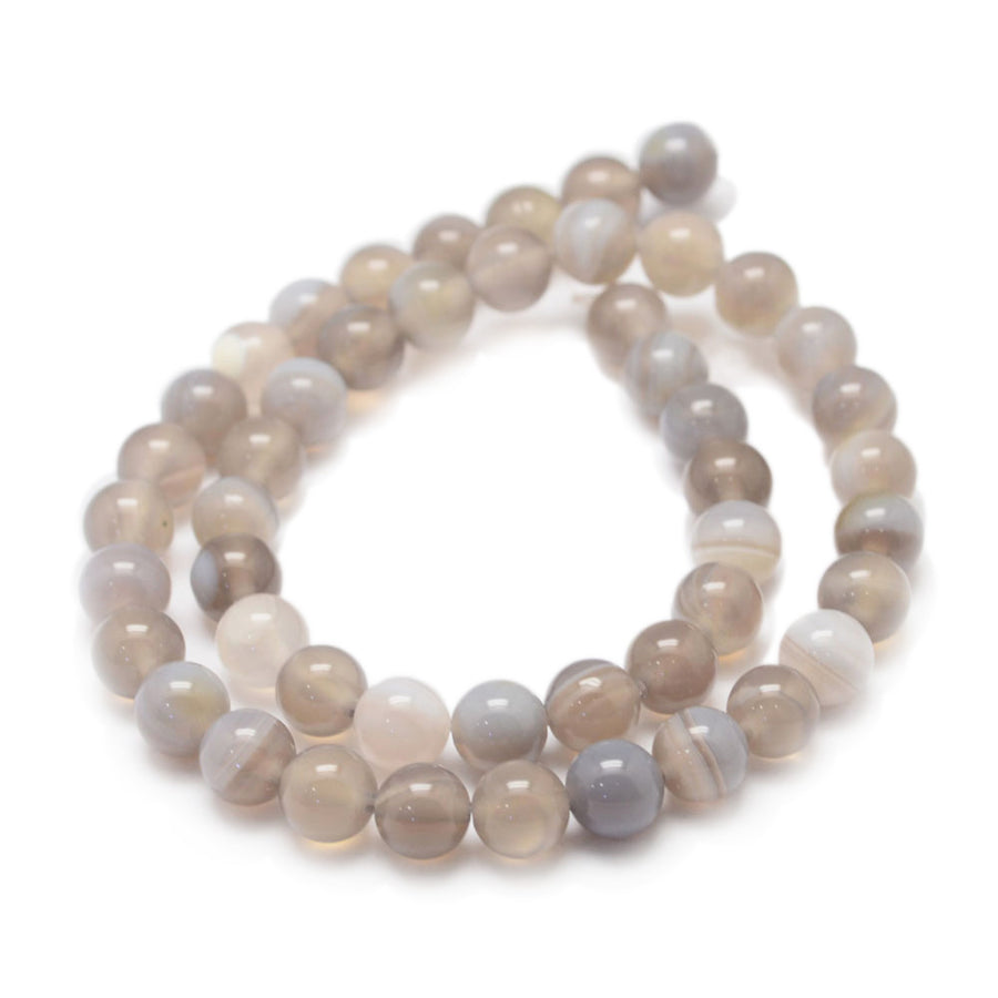 Premium Quality Natural Chocolate Agate Beads, Round, Grey Color. Grade "A" Semi-Precious Gemstone Beads for Jewelry Making. Great for Stretch Bracelets and Necklaces.  Size: 8mm Diameter, Hole: 1mm; approx. 45pcs/strand, 14" Inches Long.  Material: Grade "A" Natural Grey Agate, Grey Color. Polished, Shinny Finish.