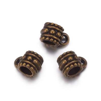 Antique Bronze Hanger Links, Column Shaped Bail Tube Beads for Jewelry Making.  Size: approx. 7mm Diameter, 6.5mm Length, Hole: 2mm, Quantity: 10pcs/bag.  Material: Alloy (Lead and Nickel Free) Connectors, Bail Beads. Antique Bronze Color. 