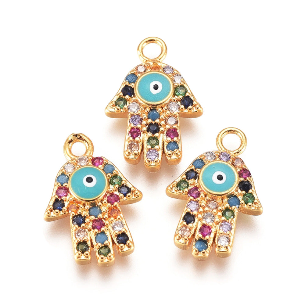 Brass Micro Pave Cubic Zirconia Hamsa Hand with Evil Eye. Gold Plated Hand of Fatima/ Hand of Miriam with Evil Eye with Colorful Cubic Zirconia Charms for DIY Jewelry Making.   Size: 14mm Length, 10mm Width, 2mm Thick, Hole: 1mm, Quantity: 1pcs/package.  Material: Colorful Cubic Zirconia, Brass Micro Pave with Enamel. Tarnish Resistant, Gold Plated Hand shaped with Evil Eye  Pendants.