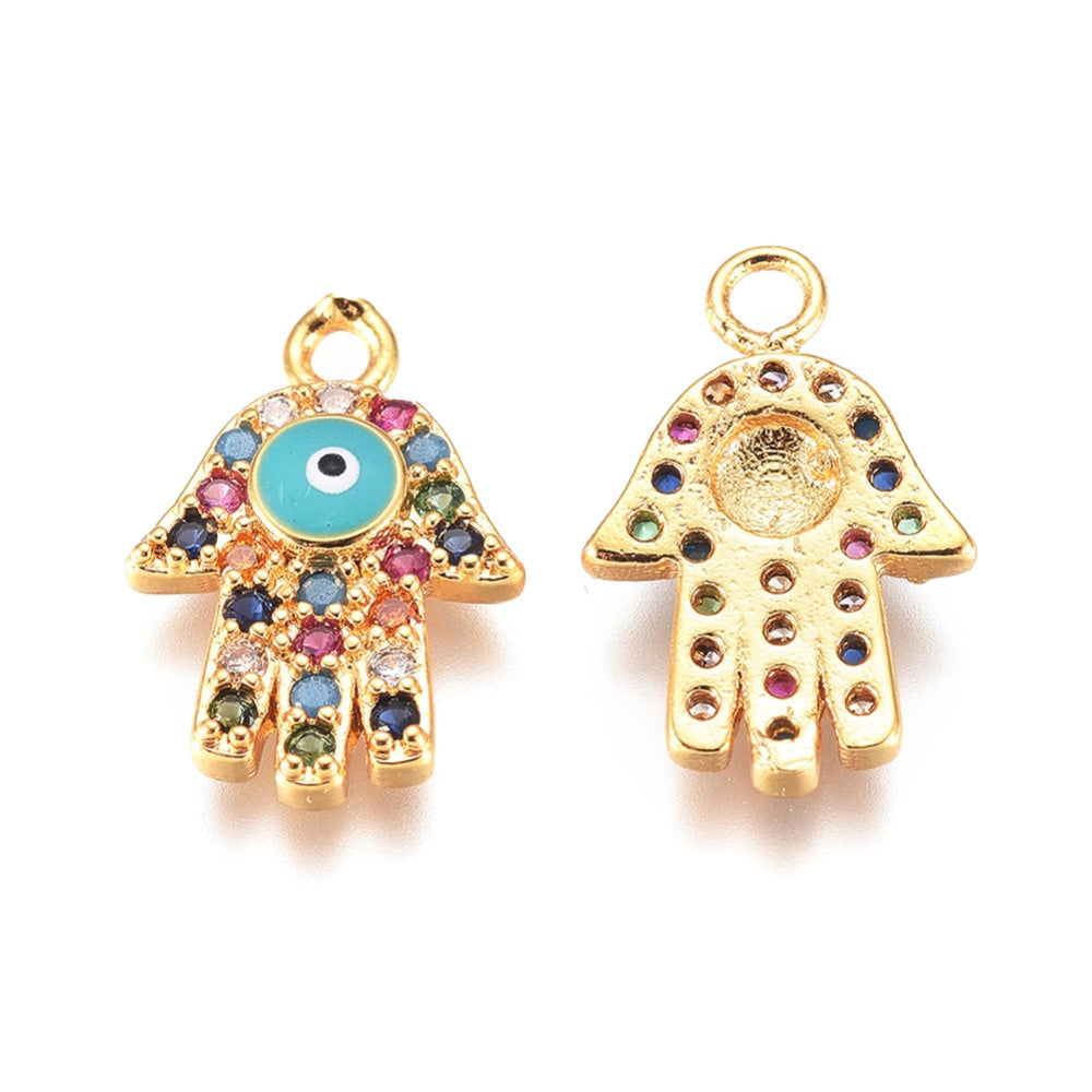 Brass Micro Pave Cubic Zirconia Hamsa Hand with Evil Eye. Gold Plated Hand of Fatima/ Hand of Miriam with Evil Eye with Colorful Cubic Zirconia Charms for DIY Jewelry Making.   Size: 14mm Length, 10mm Width, 2mm Thick, Hole: 1mm, Quantity: 1pcs/package.  Material: Colorful Cubic Zirconia, Brass Micro Pave with Enamel. Tarnish Resistant, Gold Plated Hand shaped with Evil Eye  Pendants.
