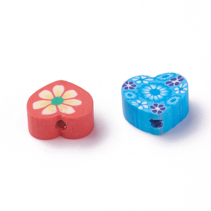 Handmade Polymer Clay Beads, Heart Shape, Flower Design, Mixed Color. Polymer Clay Heart Spacer Beads for DIY Jewelry Making. Great Addition to any Bracelet Design. 10mm High Quality Polymer Clay, Multi-Color Heart Shaped Lightweight Beads with a Flower Pattern Print. Smooth Finish
