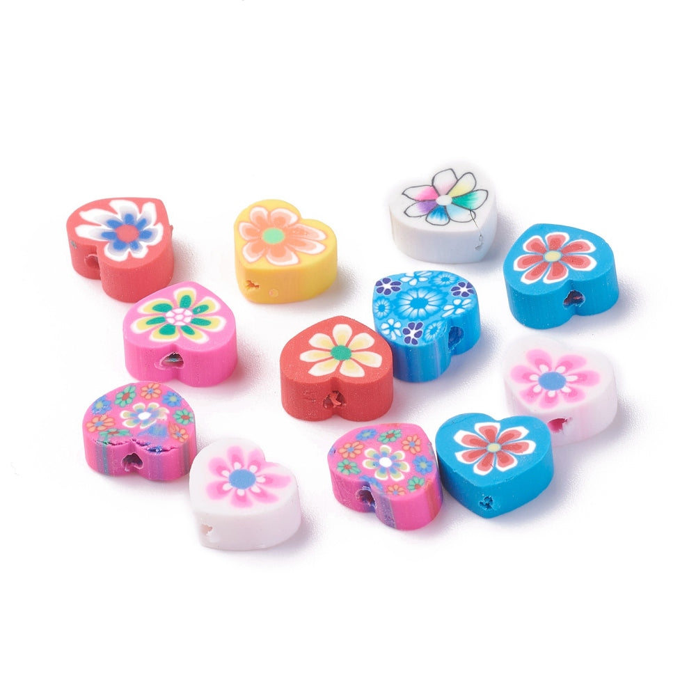 Handmade Polymer Clay Beads, Heart Shape, Flower Design, Mixed Color. Polymer Clay Heart Spacer Beads for DIY Jewelry Making. Great Addition to any Bracelet Design. 10mm High Quality Polymer Clay, Multi-Color Heart Shaped Lightweight Beads with a Flower Pattern Print. Smooth Finish