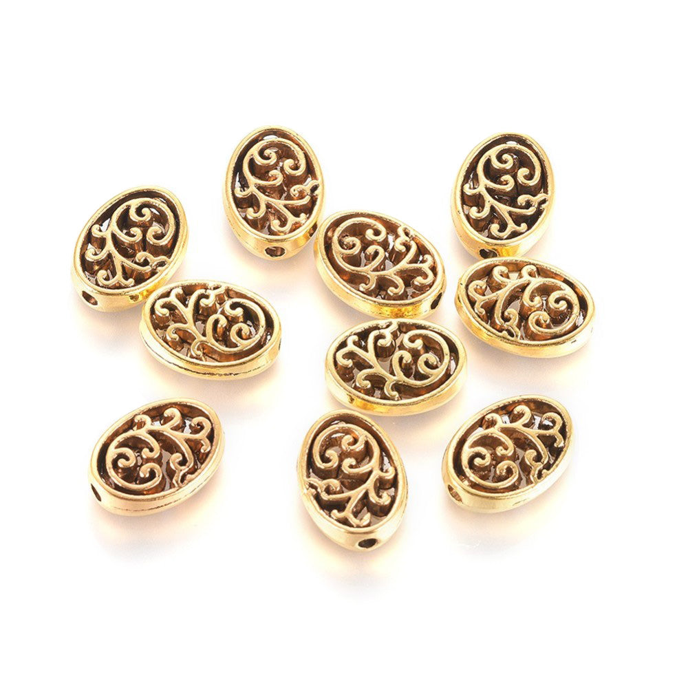 Hollow Spacer Beads, Oval, Antique Gold, 12x9mm, 5pcs/bag
