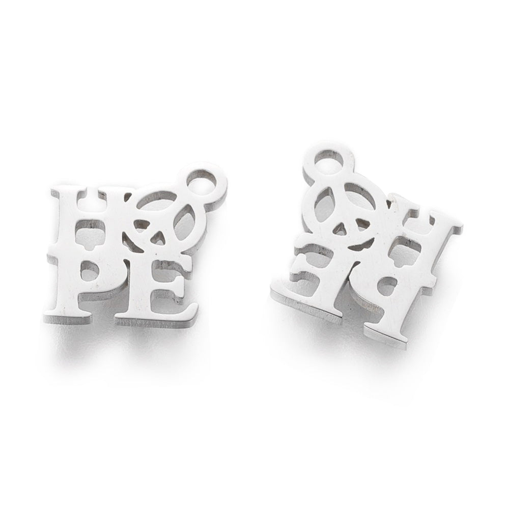 201 Laser Cut Stainless Steel Flat, Word Hope Charms, Stainless Steel Colored Pendant Charms for DIY Jewelry Making.   Size: 13.5mm Width, 12mm Length, 1.2mm Thick, Hole: 1.5mm, Quantity: 1 pcs/bag.   Material: 304 Stainless Steel Charms. Stainless Steel Silver Color. Shinny Finish.