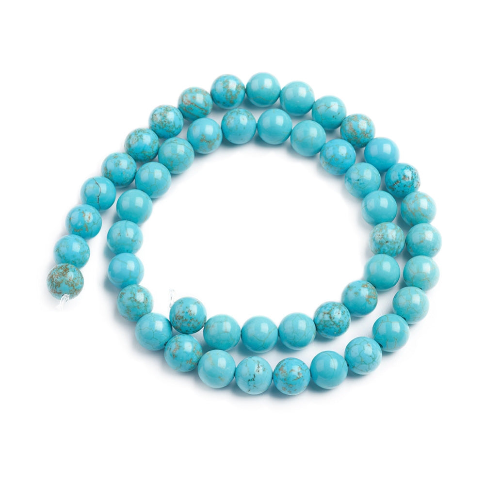 Blue Howlite Beads, Round, Dyed, Turquoise Blue Color. Semi-precious Gemstone Beads for DIY Jewelry Making.  High Quality Beads for Making Mala Bracelets and Necklaces.  Size: 8-8.5mm Diameter, Hole: 1mm, approx. 46pcs/strand, 15" Inches Long.  Material: Howlite Loose Stone Beads, Blue Color, Dyed, Polished Beads. Shinny, Finish. 