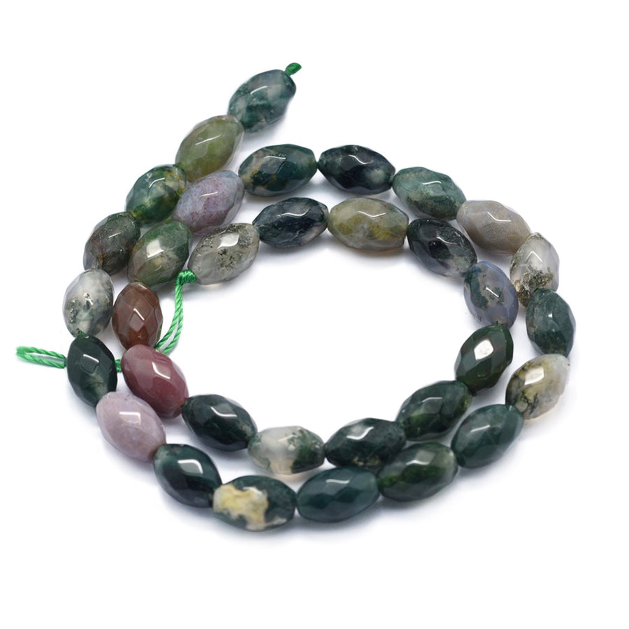 Faceted Natural Indian Agate Rice Beads, Round, Multi Color. Semi-Precious Gemstone Beads for Jewelry Making. Great for Stretch Bracelets and Necklaces.  Size: 8mm Diameter, 12mm Length, Hole: 1.2mm; approx. 32pcs/strand, 15" Inches Long.  Material: Natural Indian Agate, Multi-Color Rice Beads with a Combination of Emerald Green, Brown, Clear and Red Color. Faceted, Polished, Shinny Finish.