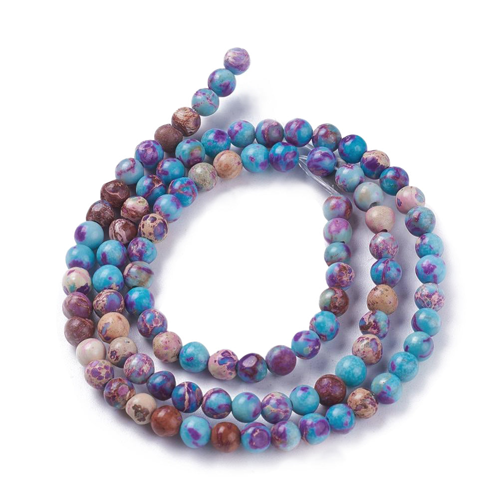 Imperial Jasper Beads, Round, Blue Violet Color. Semi-Precious Stone Jasper Beads for Jewelry Making.   Size: 4mm Diameter, Hole: 1mm; approx. 89-90pcs/strand, 15" inches long.  Material: Natural Imperial Jasper. Dyed Blue Violet Color. Polished, Shinny Finish.