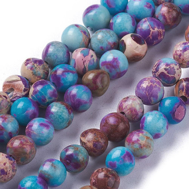 Imperial Jasper Beads, Round, Blue Violet Color. Semi-Precious Stone Jasper Beads for Jewelry Making.   Size: 4mm Diameter, Hole: 1mm; approx. 89-90pcs/strand, 15" inches long.  Material: Natural Imperial Jasper. Dyed Blue Violet Color. Polished, Shinny Finish.