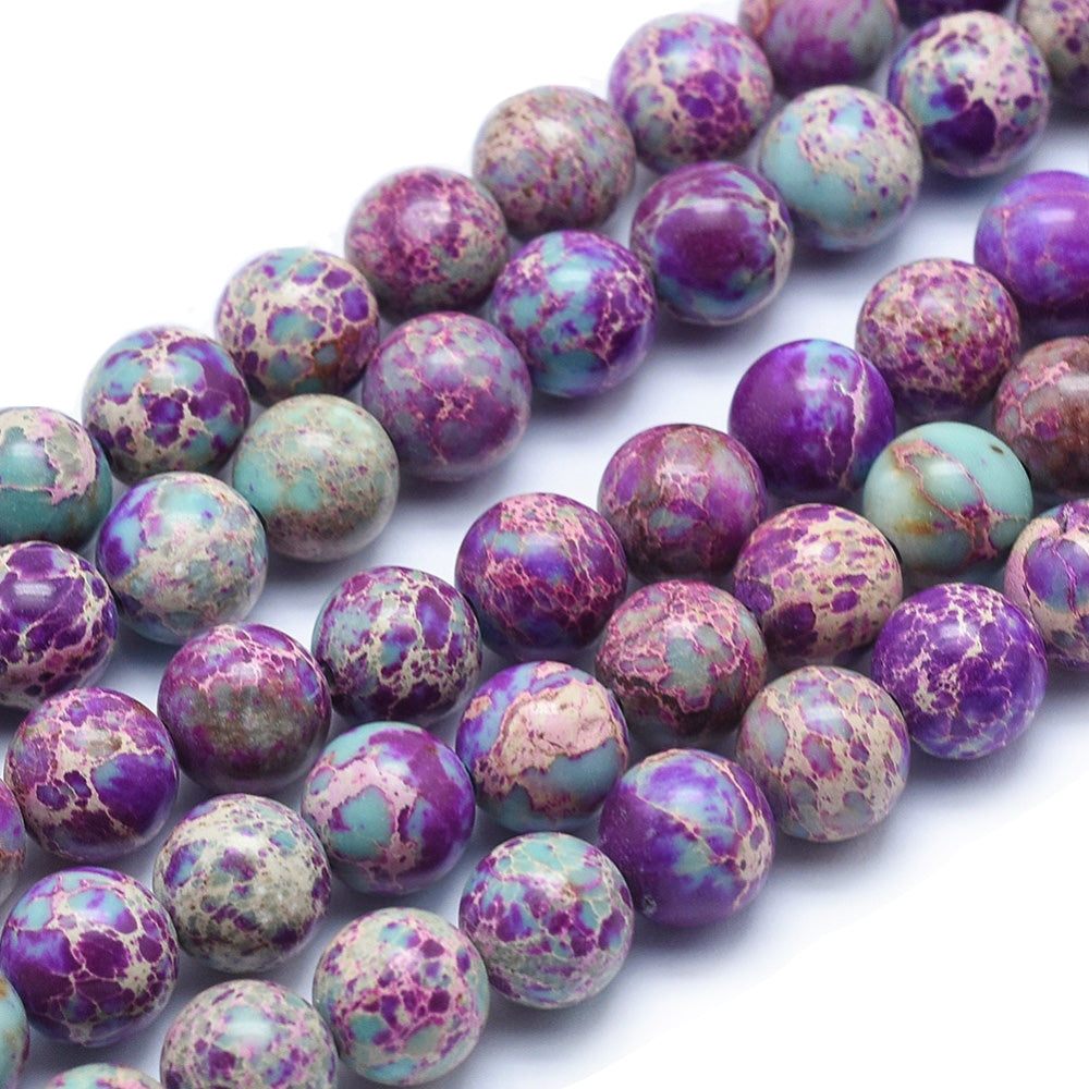 Imperial Jasper Beads, Round, Blue Violet Color. Semi-Precious Stone Jasper Beads for Jewelry Making.   Size: 6mm Diameter, Hole: 1mm; approx. 60-62pcs/strand, 15" inches long.  Material: Natural Imperial Jasper. Dyed Blue Violet Color. Polished, Shinny Finish.