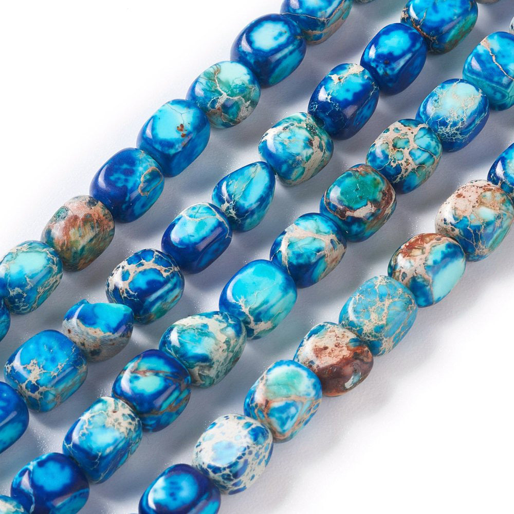 Imperial Jasper Beads, Sea sediment Jasper Cuboid Shaped Stone Beads. Sky Blue Color Semi Precious Stone Jasper Beads. Semi-Precious Stone Jasper Beads for Jewelry Making.   Size: 7mm Length, 6mm Width, Hole: 0.8mm; approx. 54-56pcs/strand, 15" inches long.  Material: Natural Regalite Imperial Jasper Cuboid Beads. Sky Blue Color Sea Sediment Cube Beads. Polished, Shinny Finish.