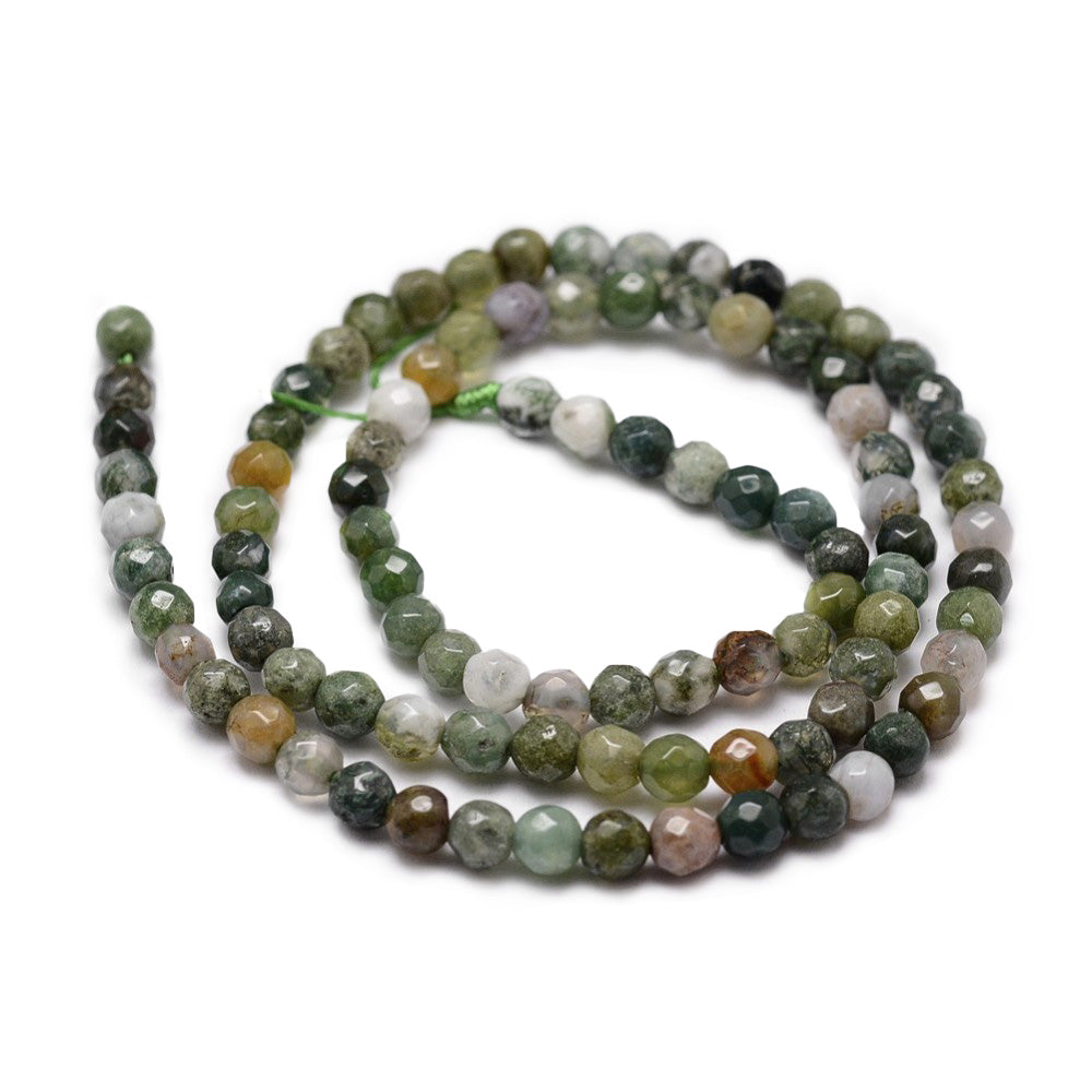 Faceted Indian Agate Beads, Round, Multi Color. Semi-Precious Gemstone Beads for Jewelry Making.   Size: 4mm Diameter, Hole: 1mm; approx. 92pcs/strand, 14.5" Inches Long.  Material: Genuine Indian Agate Natural Stone Beads, Faceted, Multi-Color Beads with a Combination of Emerald Green, Brown, Clear and Red Color. Polished, Shinny Finish.
