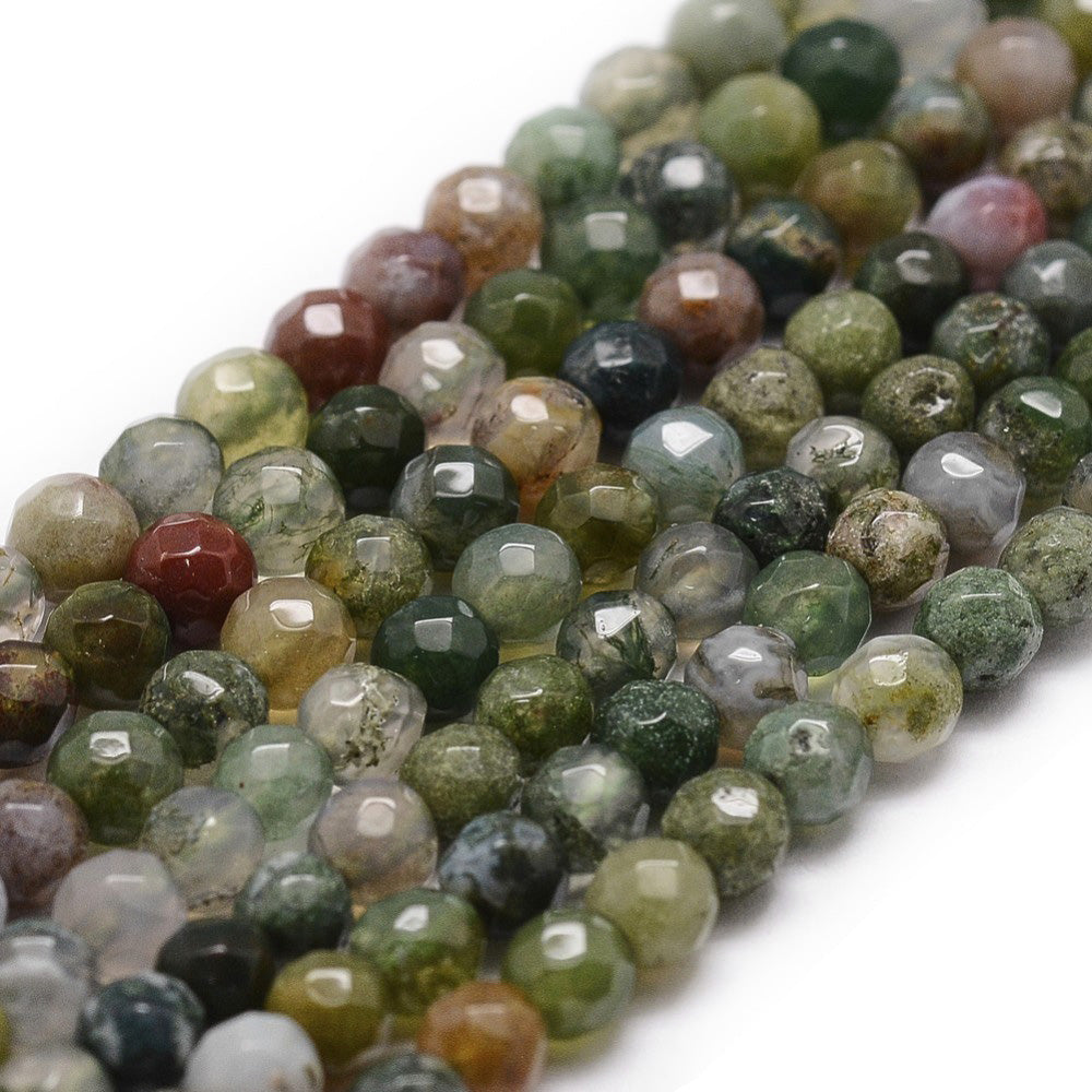 Faceted Indian Agate Beads, Round, Multi Color. Semi-Precious Gemstone Beads for Jewelry Making.   Size: 4mm Diameter, Hole: 1mm; approx. 92pcs/strand, 14.5" Inches Long.  Material: Genuine Indian Agate Natural Stone Beads, Faceted, Multi-Color Beads with a Combination of Emerald Green, Brown, Clear and Red Color. Polished, Shinny Finish.