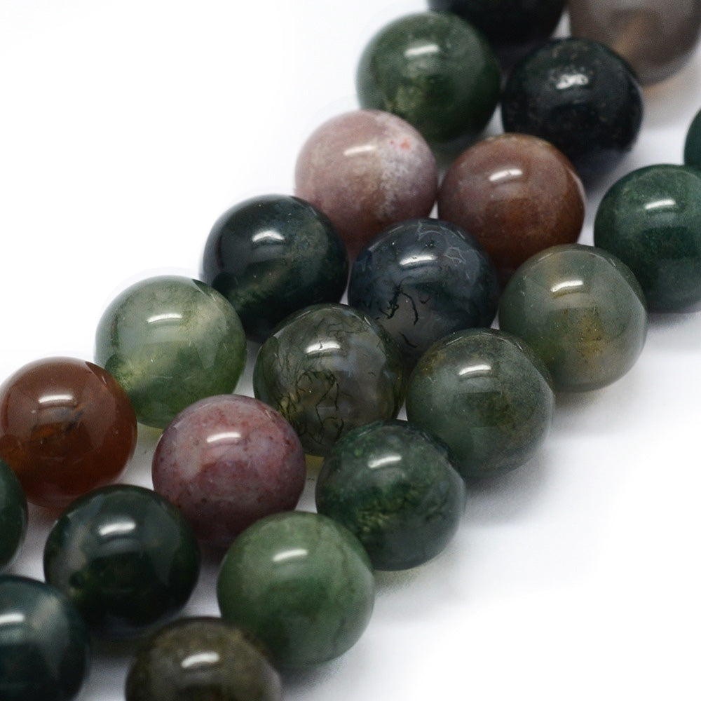 Natural Indian Agate Beads, Round, Multi Color. Semi-Precious Gemstone Beads for Jewelry Making. Great for Stretch Bracelets and Necklaces.  Size: 6mm Diameter, Hole: 0.8mm; approx. 62pcs/strand, 14" Inches Long.  Material: Natural Indian Agate, Multi-Color Beads with a Combination of Emerald Green, Brown, Clear and Red Color. Polished, Shinny Finish. beadlotcanada