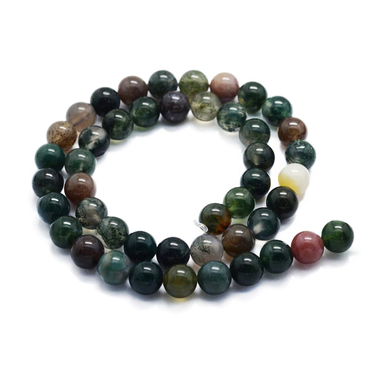 Natural Indian Agate Beads, Round, Multi Color. Semi-Precious Gemstone Beads for Jewelry Making. Great for Stretch Bracelets and Necklaces.  Size: 6mm Diameter, Hole: 0.8mm; approx. 62pcs/strand, 14" Inches Long.  Material: Natural Indian Agate, Multi-Color Beads with a Combination of Emerald Green, Brown, Clear and Red Color. Polished, Shinny Finish. bead lot