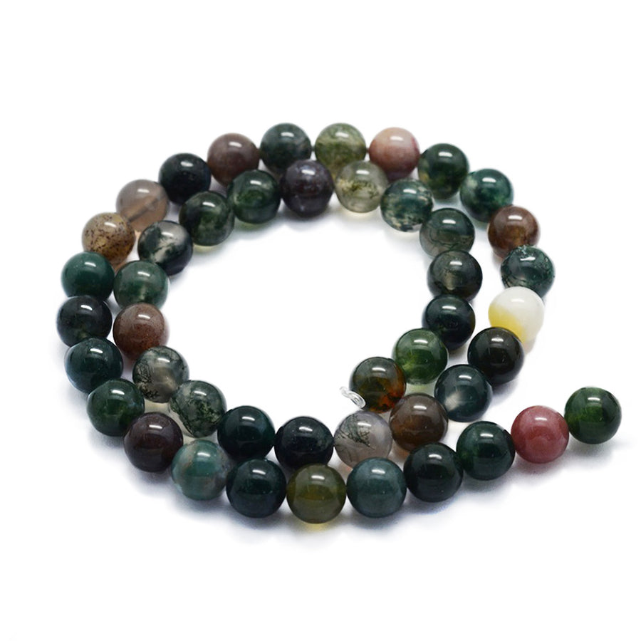 Natural Indian Agate Beads, Round, Multi Color. Semi-Precious Gemstone Beads for Jewelry Making. Great for Stretch Bracelets and Necklaces.  Size: 8mm Diameter, Hole: 0.8mm; approx. 45pcs/strand, 14" Inches Long.  Material: Natural Indian Agate, Multi-Color Beads with a Combination of Emerald Green, Brown, Clear and Red Color. Polished, Shinny Finish. bead lot