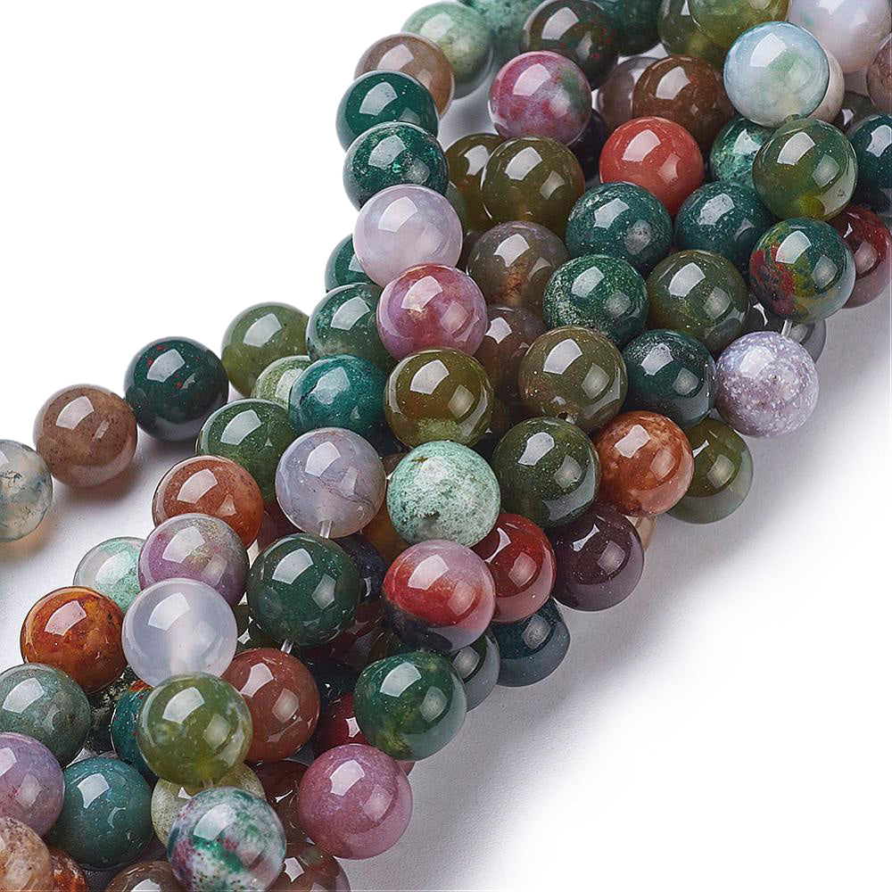 Natural Indian Agate Beads, Round, Multi Color. Semi-Precious Gemstone Beads for Jewelry Making.   Size: 8mm Diameter, Hole: 1mm; approx. 45pcs/strand, 15" Inches Long.  Material: Natural Indian Agate, Multi-Color Beads with a Combination of Emerald Green, Brown, Clear and Red Color. Polished Finish.  Indian Agate Properties: Indian Agate is Known as a Powerful Healing Stone. It's Believed to Give Physical Strength, Protection and Emotional Security. 