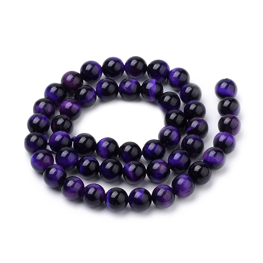Natural Tiger Eye Beads, Indigo Purple Colored Semi Precious Stone Beads for DIY Jewelry Making. Gorgeous Dark Purple Tiger Eye Gemstone Beads.  Size: 8mm Diameter, Hole: 1mm; approx. 44 pcs/strand 14.9" inches long.  Material: Premium Grade Blue Tiger Eye Polished Loose Stone Beads, Beads. Dyed Mauve Purple. Polished, Shinny Finish. 