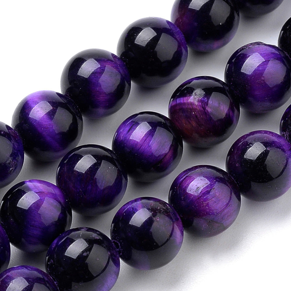 Natural Tiger Eye Beads, Indigo Purple Colored Semi Precious Stone Beads for DIY Jewelry Making. Gorgeous Dark Purple Tiger Eye Gemstone Beads.  Size: 8mm Diameter, Hole: 1mm; approx. 44 pcs/strand 14.9" inches long.  Material: Premium Grade Blue Tiger Eye Polished Loose Stone Beads, Beads. Dyed Mauve Purple. Polished, Shinny Finish. 