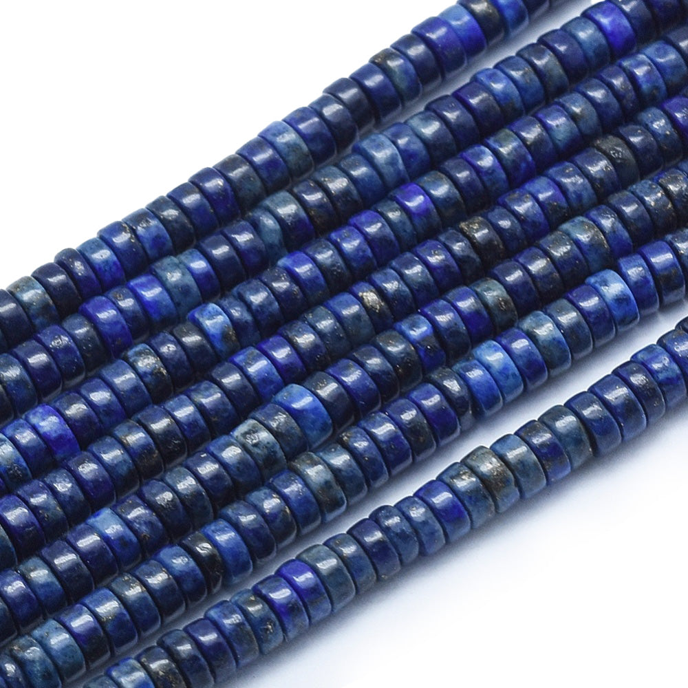 Natural Lapis Lazuli Stone Beads, Flat Round Disc Shape, Blue Color. Semi-Precious Heishi Disc Stone Beads for Jewelry Making.   Size: 4mm Diameter, 2mm Width, Hole: 0.5mm, approx. 195pcs/strand, 15" Inches Long.  Material: Genuine Lapis Lazuli Heishi Beads, Dark Blue Color Disc Beads. Polished Finish. 