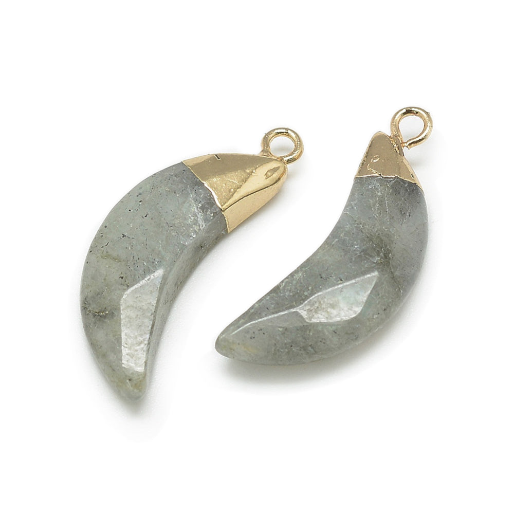 Faceted Labradorite Moon Shaped Pendants, Light Grey Color. Semi-precious Gemstone Pendant for DIY Jewelry Making. Gorgeous Centre piece for Necklaces.  Size: 26mm Length, 10mm Width, 5-6mm Thick,  Hole: 1mm, Qty: 1pcs/package.  Material: Genuine Labradorite Stone Pendant, Gold Tone Brass Findings. Light Grey, Faceted Moon Shaped Stone Pendants. Shinny, Polished Finish. 