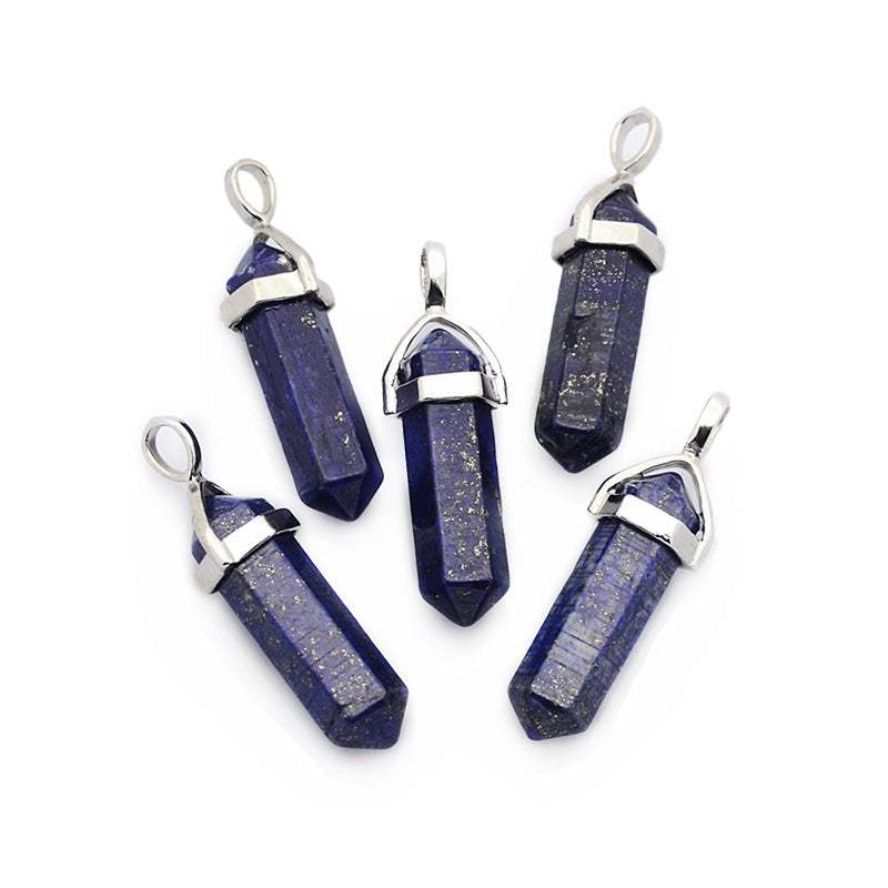 Lapis Lazuli Pendants, Dark Blue Color. Semi-precious Gemstone Pendant for DIY Jewelry Making. Excellent Affordable choice as a focal point for Necklaces.   Size: 36-40mm Length, 10mm Diameter, Hole: 3x5mm, 1pcs/package.  Material: Natural Lapis Lazuli Stone Pendant, Platinum Toned Brass Findings, Hexagon Shaped Bead Cap Bails. Double Terminated Stone Pendants. Shinny, Polished Finish.