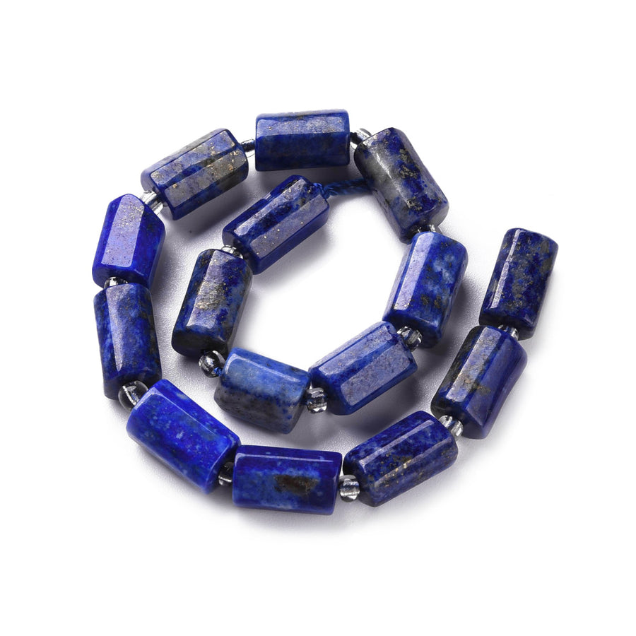 Natural Lapis Lazuli Beads, Faceted Column Shaped Beads, Dark & Light Blue Color. Semi-precious Lapis Lazuli Gemstone Beads for DIY Jewelry Making.    Size: 8-11mm Length, 6-8mm Width, 5-7mm Thick, Hole: 1mm, approx. 15-17pcs/strand, 7" inches long.  Material: Natural Lapis Lazuli Faceted Column Beads, Blue Color. Polished Finish.