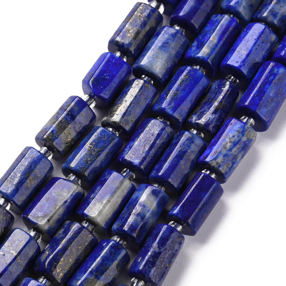 Natural Lapis Lazuli Beads, Faceted Column Shaped Beads, Dark & Light Blue Color. Semi-precious Lapis Lazuli Gemstone Beads for DIY Jewelry Making.    Size: 8-11mm Length, 6-8mm Width, 5-7mm Thick, Hole: 1mm, approx. 15-17pcs/strand, 7" inches long.  Material: Natural Lapis Lazuli Faceted Column Beads, Blue Color. Polished Finish.