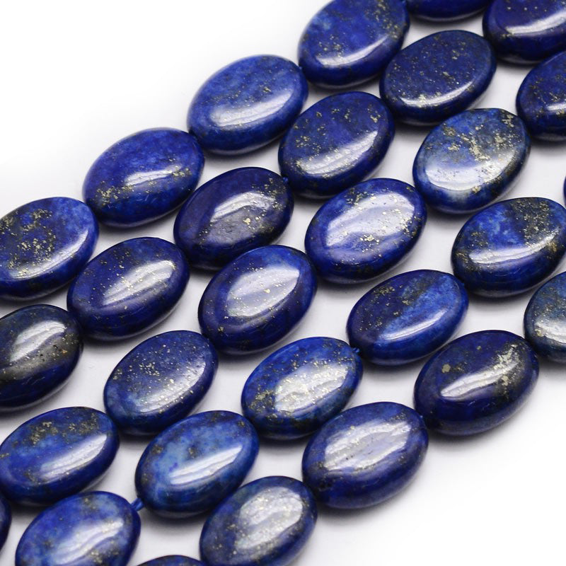 Natural Lapis Lazuli Beads, Oval Shaped Beads, Dark Blue Color. Semi-precious Lapis Lazuli Gemstone Beads for DIY Jewelry Making.    Size: 14mm Length, 10mm Width, 5mm Thick, Hole: 1mm, approx. 27-28pcs/strand, 15" inches long.  Material: Natural Lapis Lazuli Ova Beads, Dyed Dark Blue Color. Polished Finish.