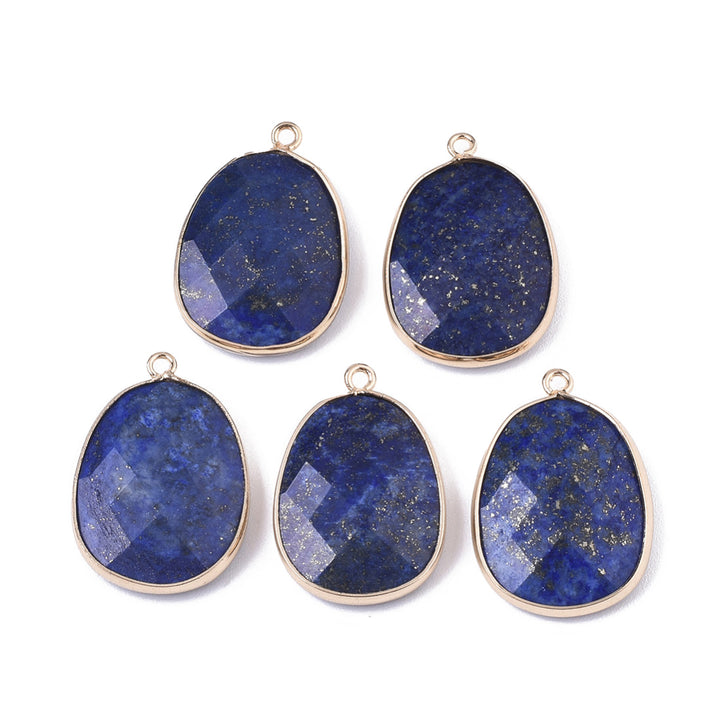 Lapis Lazuli Faceted Oval Gemstone Pendants, Blue Color. Semi-precious Gemstone Pendant for DIY Jewelry Making. Gorgeous Centre piece for Necklaces.   Size: 26mm Length, 17-18mm Width, 5mm Thick, Hole: 1.2mm, Qty: 1pcs/package.  Material: Natural Lapis Lazuli Stone Pendant, Gold Plated Brass Findings. Oval Shape, Blue Color Stone Pendants. Shinny, Polished Finish. 