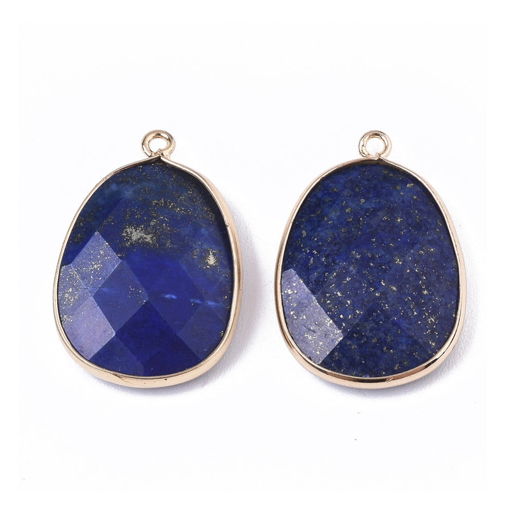 Lapis Lazuli Faceted Oval Gemstone Pendants, Blue Color. Semi-precious Gemstone Pendant for DIY Jewelry Making. Gorgeous Centre piece for Necklaces.   Size: 26mm Length, 17-18mm Width, 5mm Thick, Hole: 1.2mm, Qty: 1pcs/package.  Material: Natural Lapis Lazuli Stone Pendant, Gold Plated Brass Findings. Oval Shape, Blue Color Stone Pendants. Shinny, Polished Finish. 