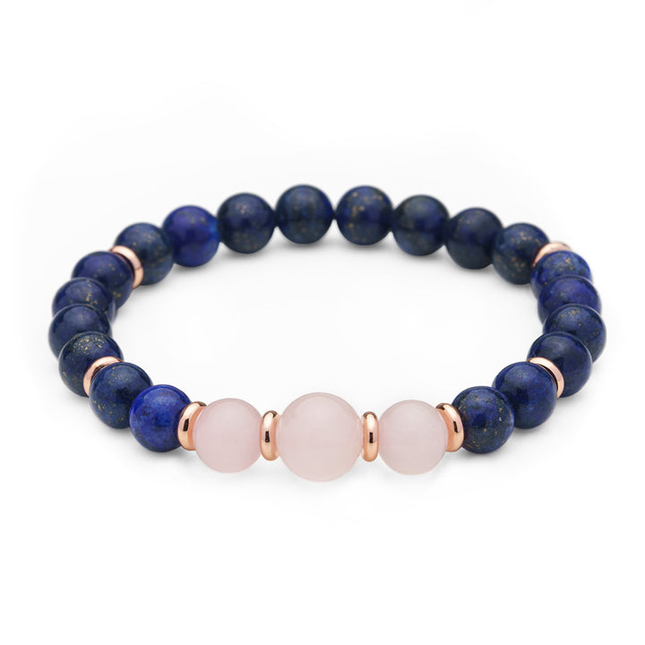 Lapis Lazuli &amp; Rose Quartz Crystal Bracelet, Pink Quartz/Rose Gold Mala Jewelry, Semi-precious Gemstone Beads, 7.5 inches stackable stretch bracelets, royal blue colored jewelry